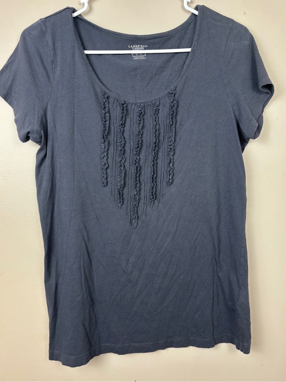 Lands' End Short Sleeve Scoop Neck Top with Front Ruffle Detail - Navy